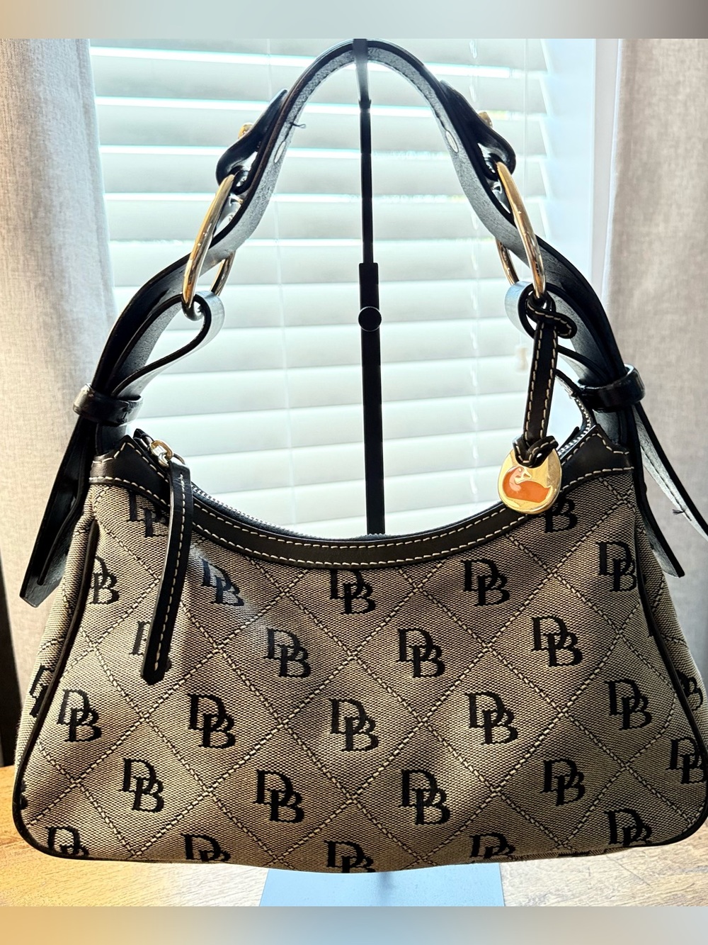 ⁠Vintage Y2K Dooney & Bourke Quilted DB Monogram Hobo Shoulder Bag Black Grey⁠